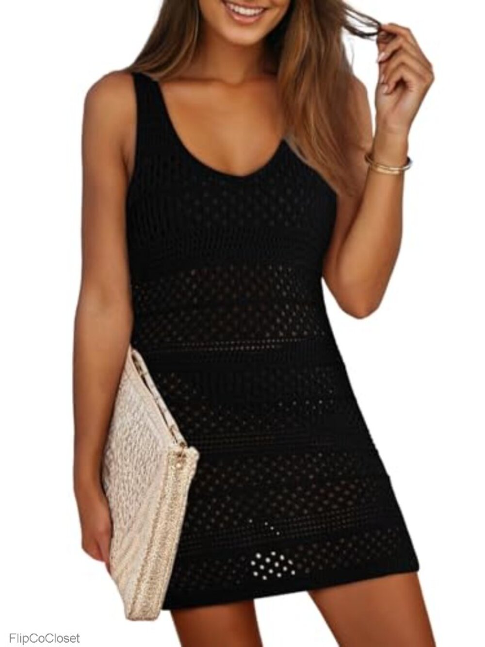 Crochet Knit Beach Dress Swim Cover-Up Sleeveless Crewneck